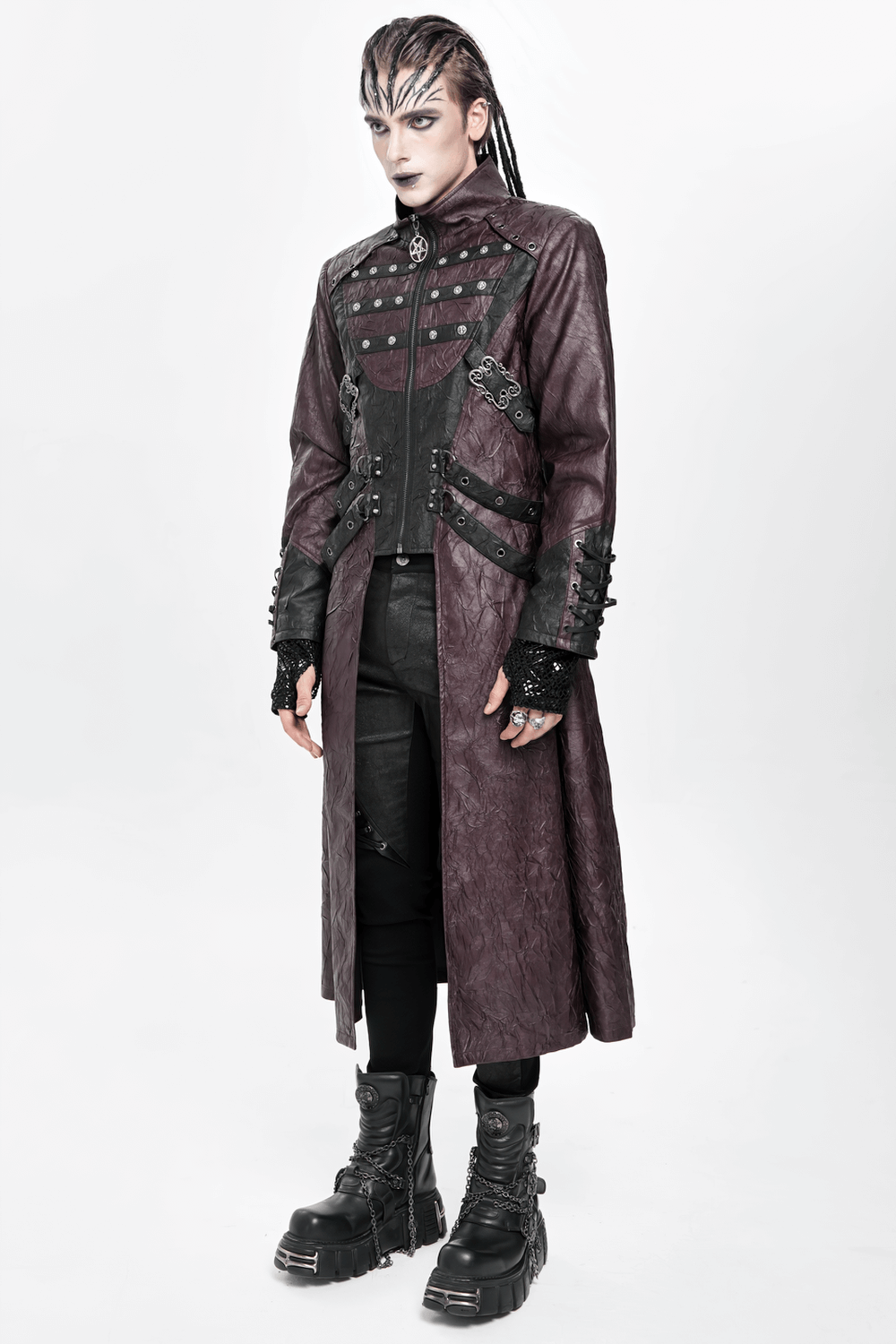 Stylish Longline Punk and Steampunk Buckle Coat worn by model with unique hairstyle and gothic makeup
