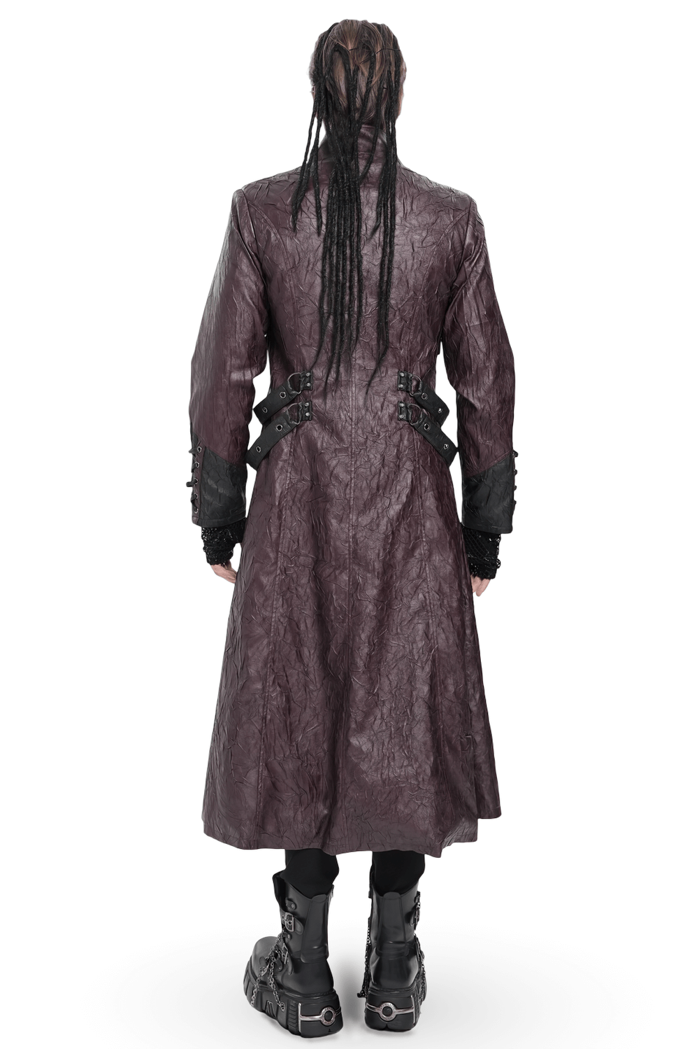 Stylish Longline Punk and Steampunk Buckle Coat showcased from the back, featuring unique buckle details and a dramatic silhouette.