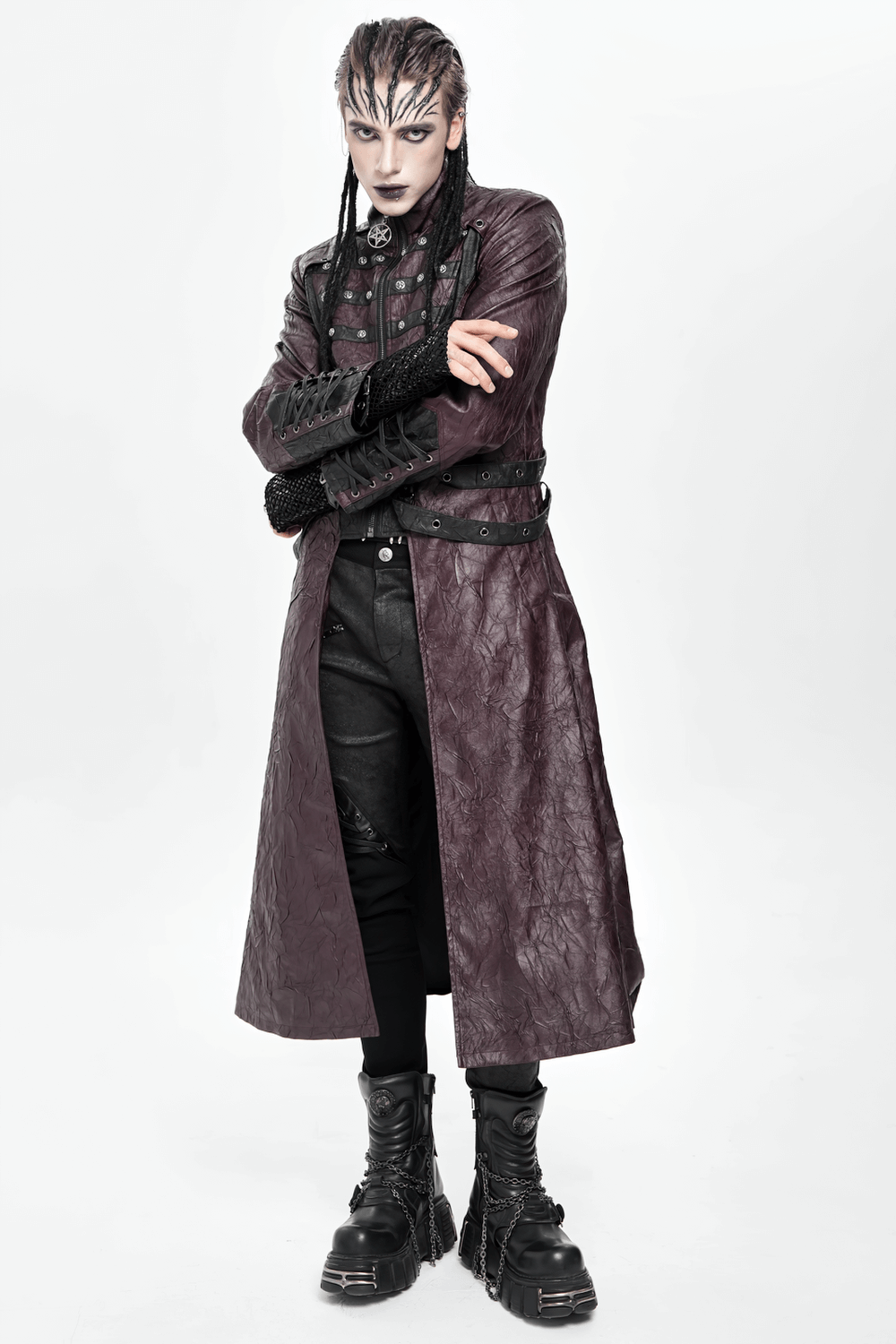 Stylish Longline Punk and Steampunk Buckle Coat worn by a model with a striking look and bold accessories.