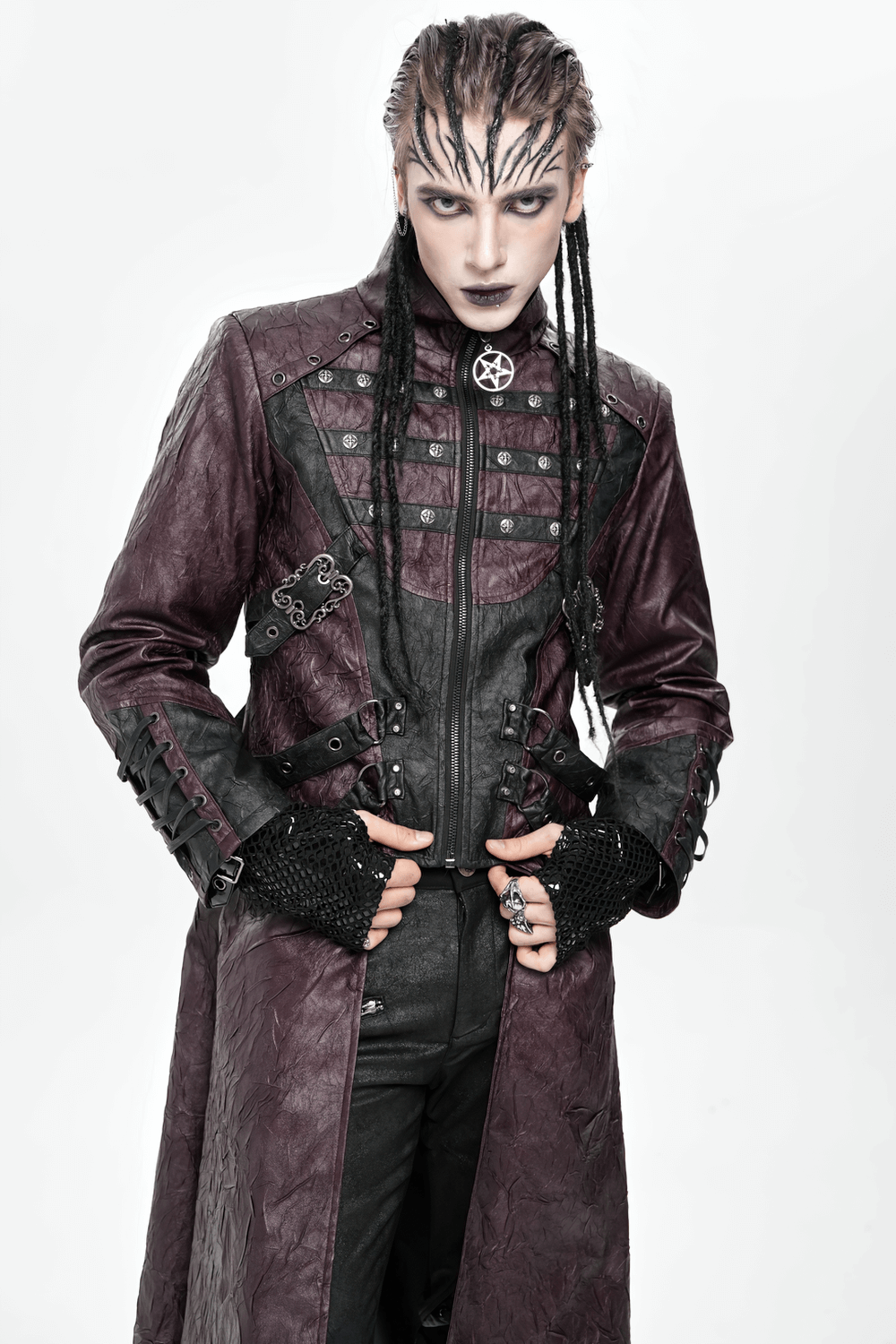Stylish Longline Punk and Steampunk Buckle Coat worn by a model with unique hairstyle and accessories.