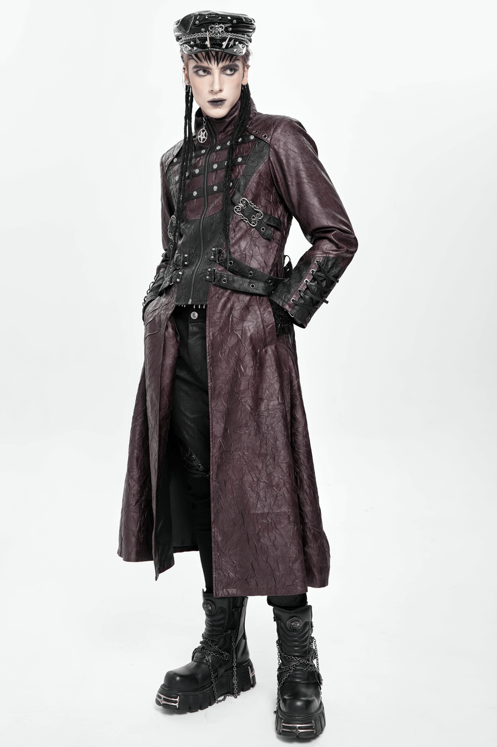Stylish Longline Punk and Steampunk Buckle Coat displayed with a striking model in a dramatic pose.