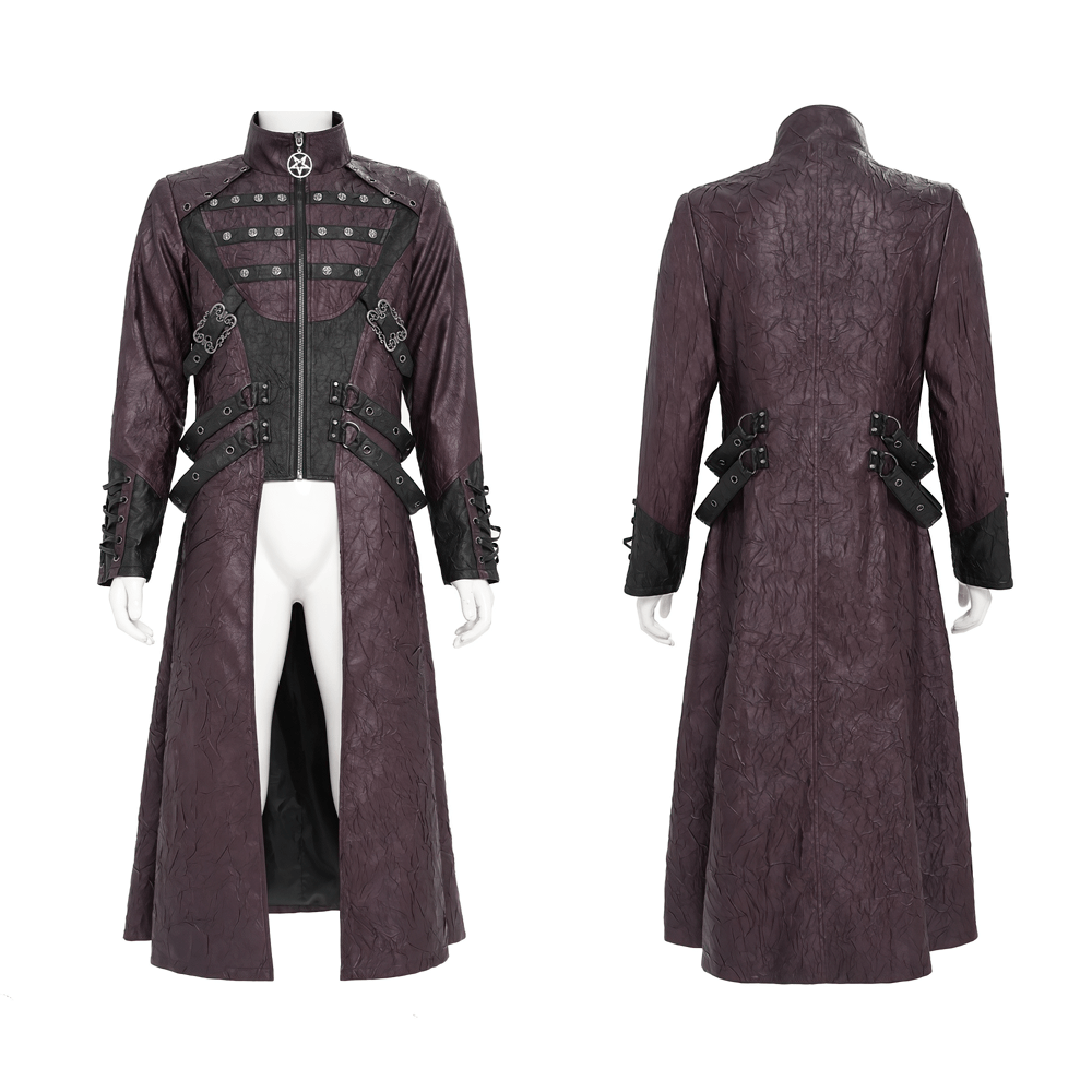 Stylish Longline Punk and Steampunk Buckle Coat showcased in purple with unique buckle details and a dramatic design.