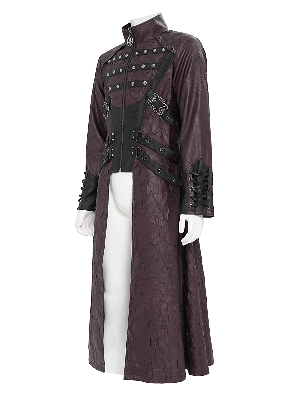 Stylish Longline Punk and Steampunk Buckle Coat displayed on a mannequin with unique design and detailing.
