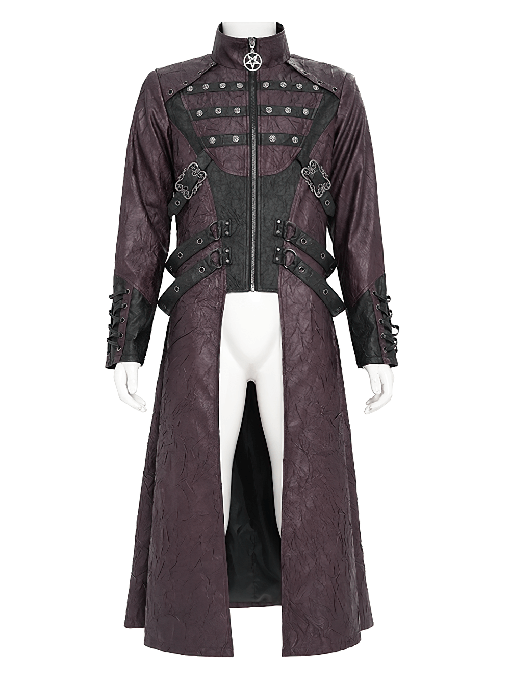 Stylish Longline Punk and Steampunk Buckle Coat showcasing a dramatic design with buckles and a flowing silhouette.