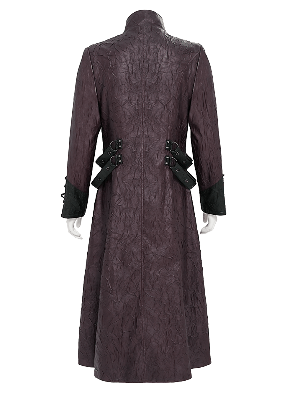 Stylish Longline Punk and Steampunk Buckle Coat showcasing the intricate buckle details and unique texture from the back.