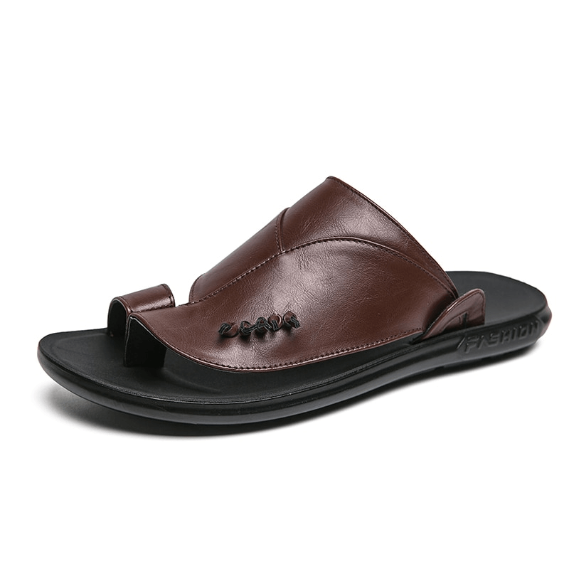 Stylish male PU leather slippers in brown, luxury flip flops for men with open design, perfect for casual elegance.