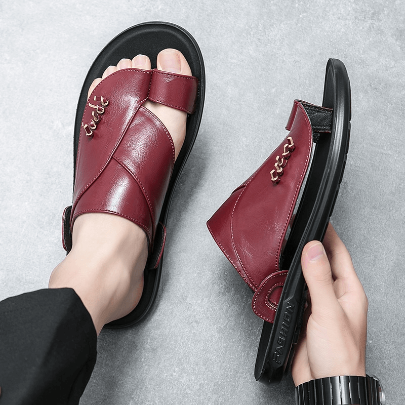 Stylish men's PU leather slippers in burgundy, perfect for casual elegance and comfort.