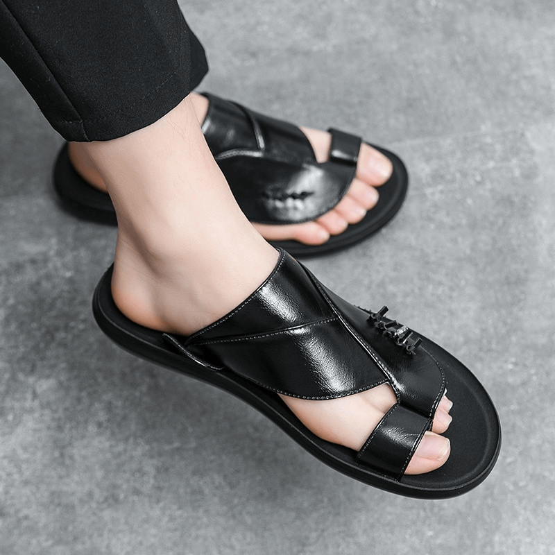 Stylish male PU leather slippers for a chic casual look and comfort. Perfect luxury flip flops for men.