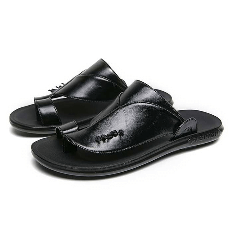 Stylish men's black PU leather slippers, luxury flip-flops combining comfort and fashion for laid-back elegance.