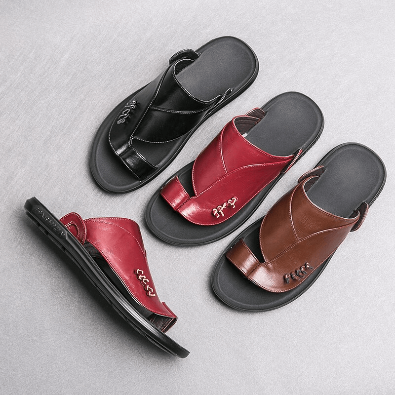 Stylish male PU leather slippers in black, red, and brown - luxury flip flops for casual elegance.