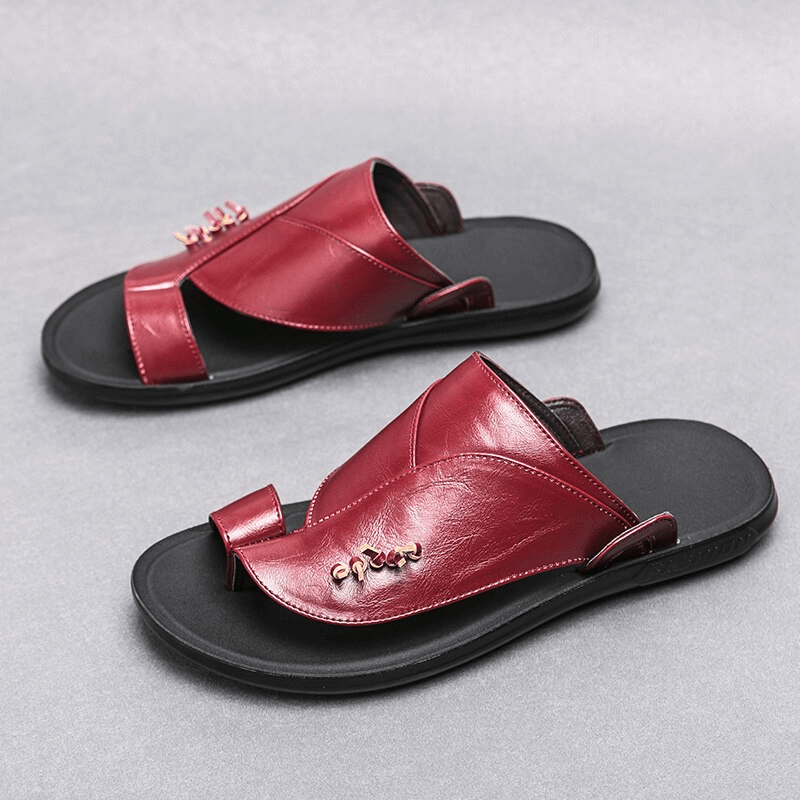Stylish red PU leather slippers for men, perfect luxury flip flops for casual elegance and comfort.