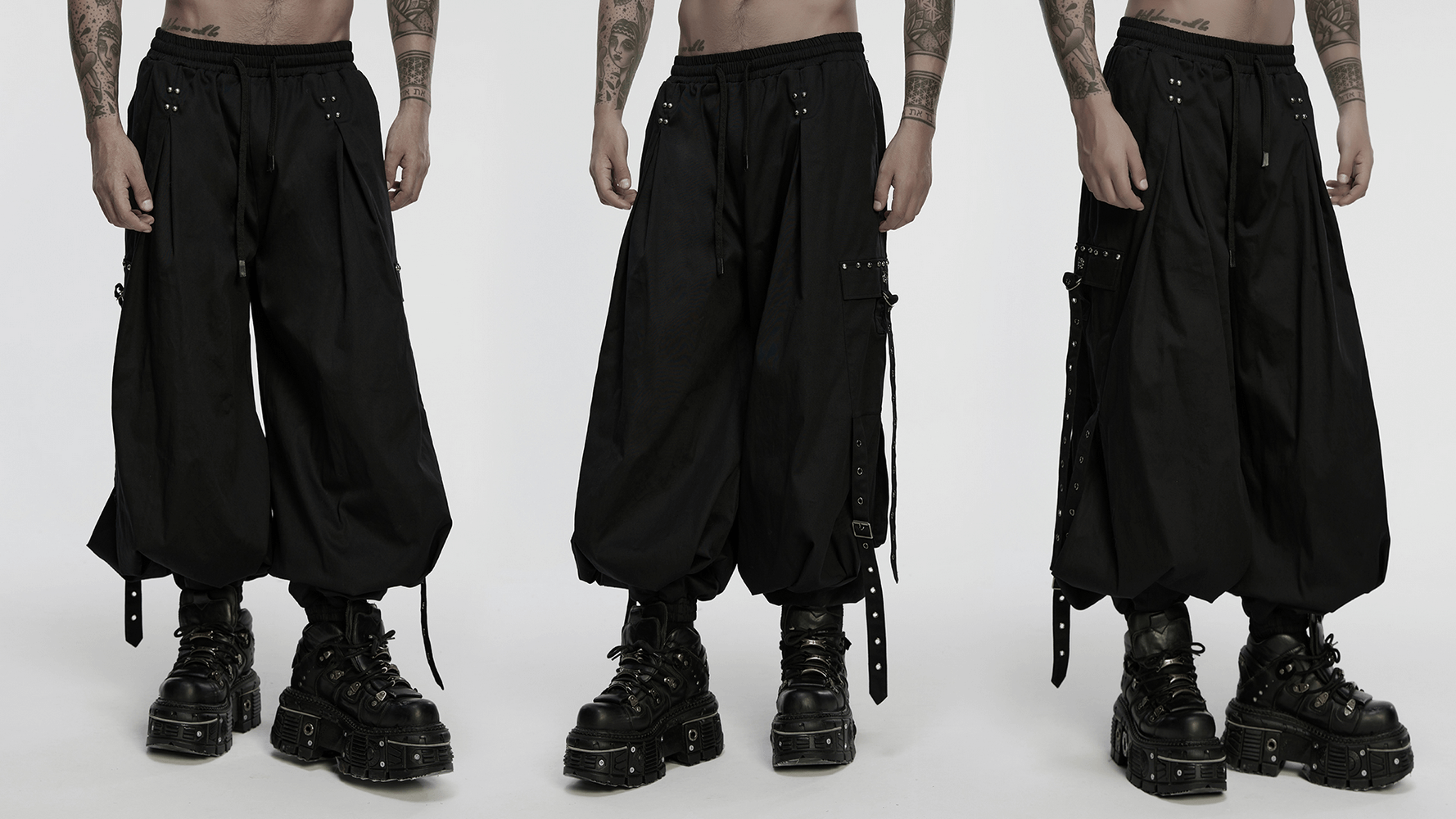 Stylish Men's Cyberpunk Loose Cargo Pants with Straps worn by model showcasing unique streetwear style.