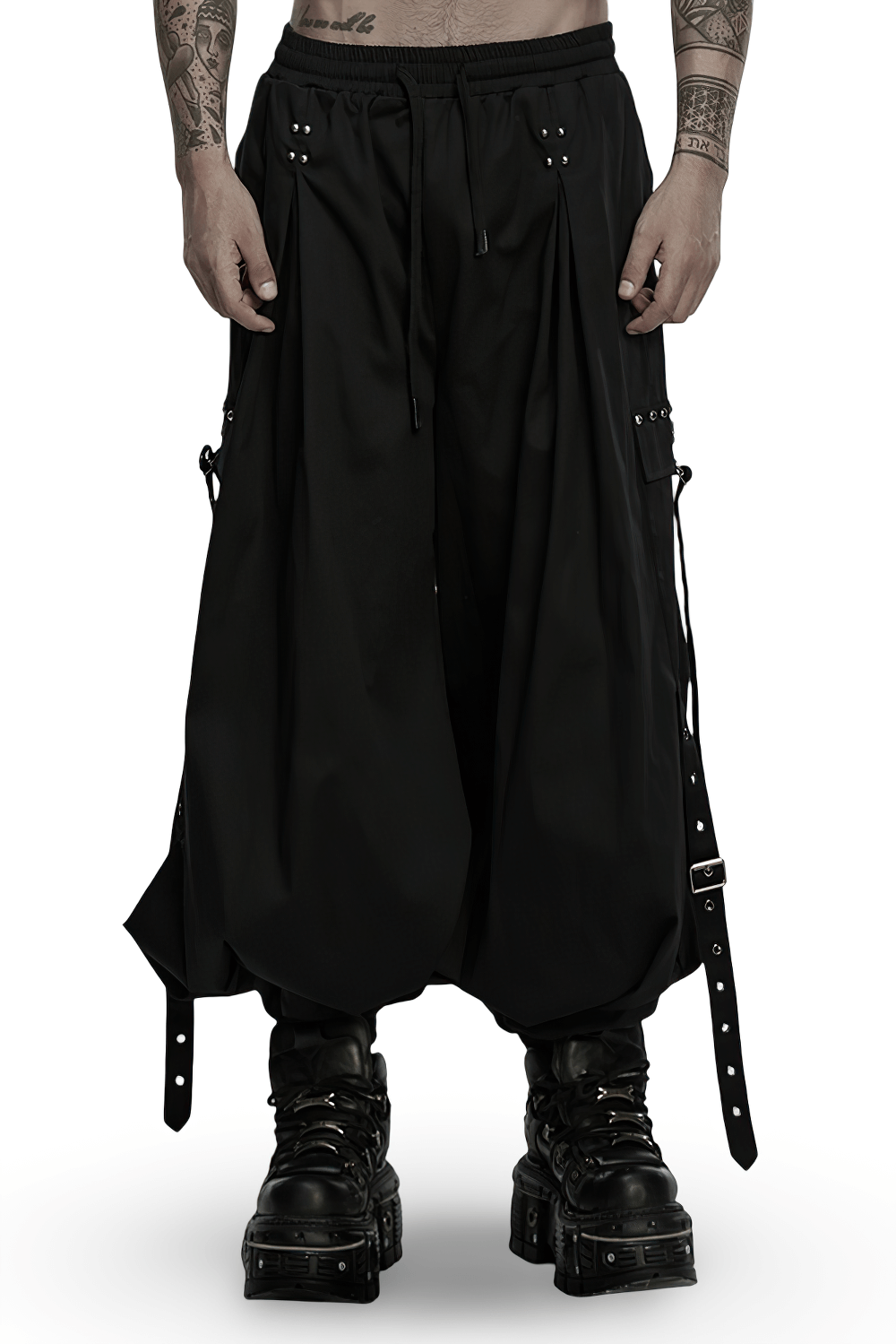 Stylish Men's Cyberpunk Loose Cargo Pants with Straps worn by a model showcasing edgy streetwear style.