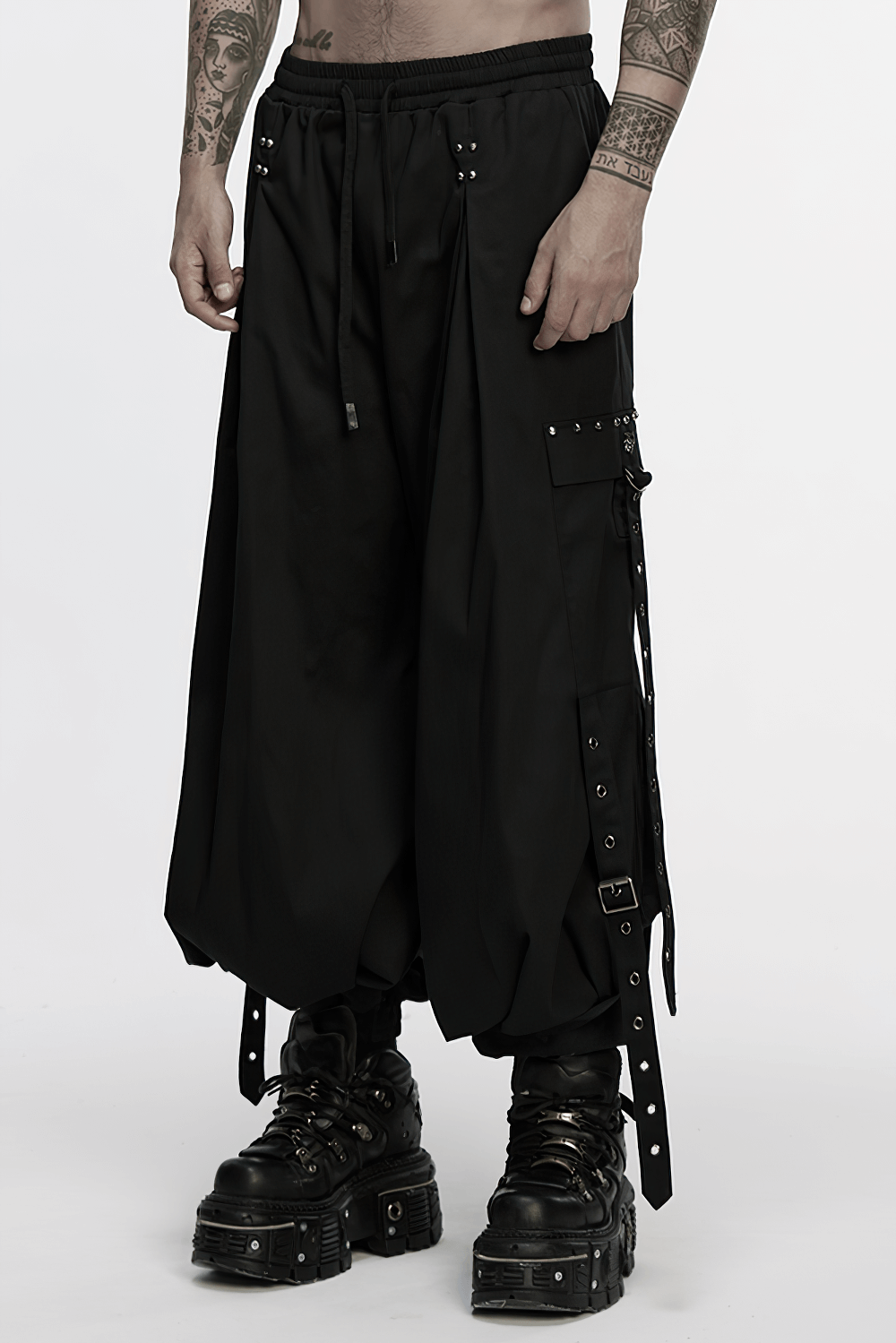 Stylish Men's Cyberpunk Loose Cargo Pants with Straps worn by a model showcasing edgy streetwear style.