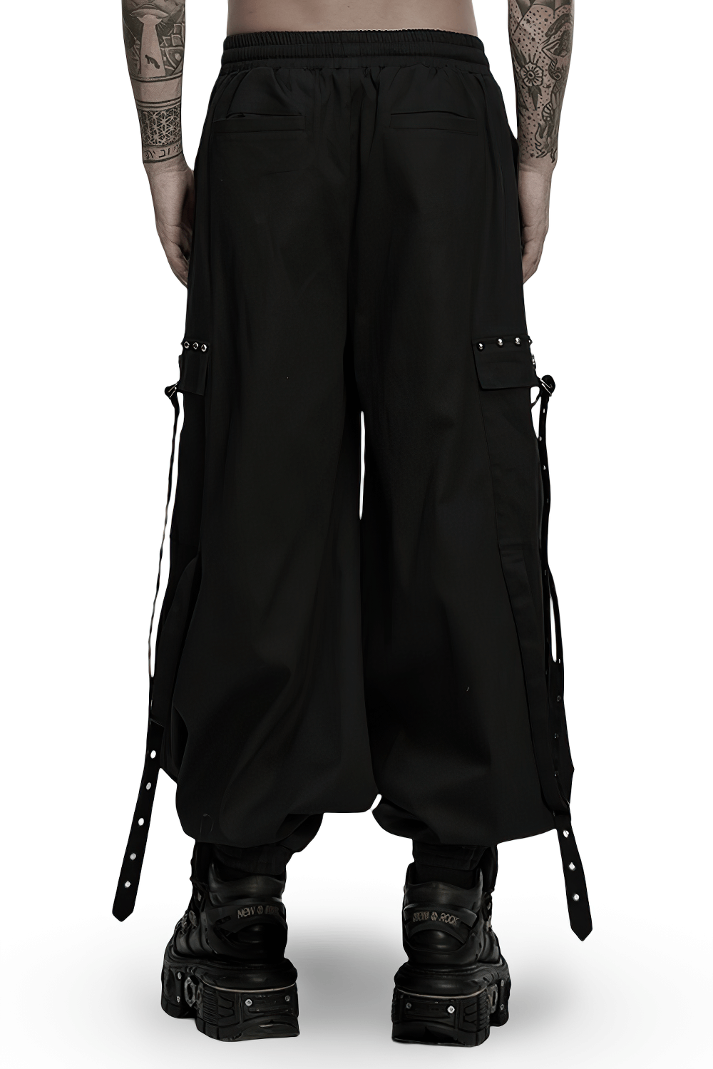 Stylish Men's Cyberpunk Loose Cargo Pants with Straps showcasing the back view and unique utility design.