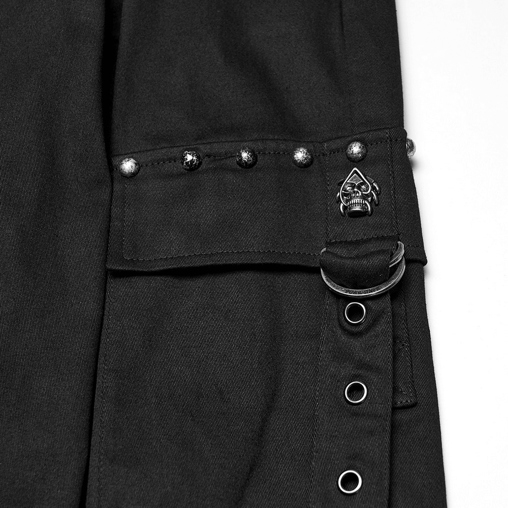 Stylish Men's Cyberpunk Loose Cargo Pants with Straps detailed view of buckle and studs on pocket.