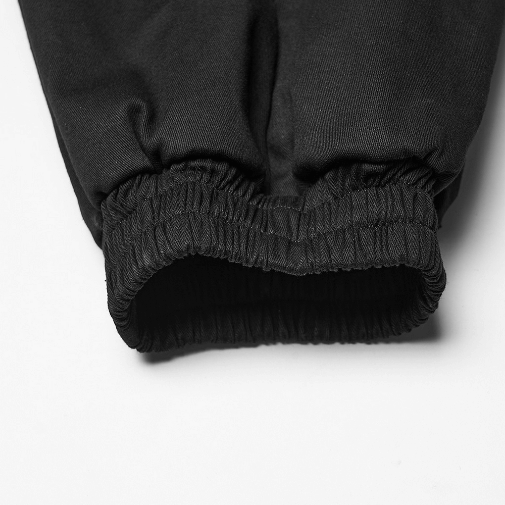 Stylish Men's Cyberpunk Loose Cargo Pants with Straps cuffed hem detail showcasing elastic waistband.