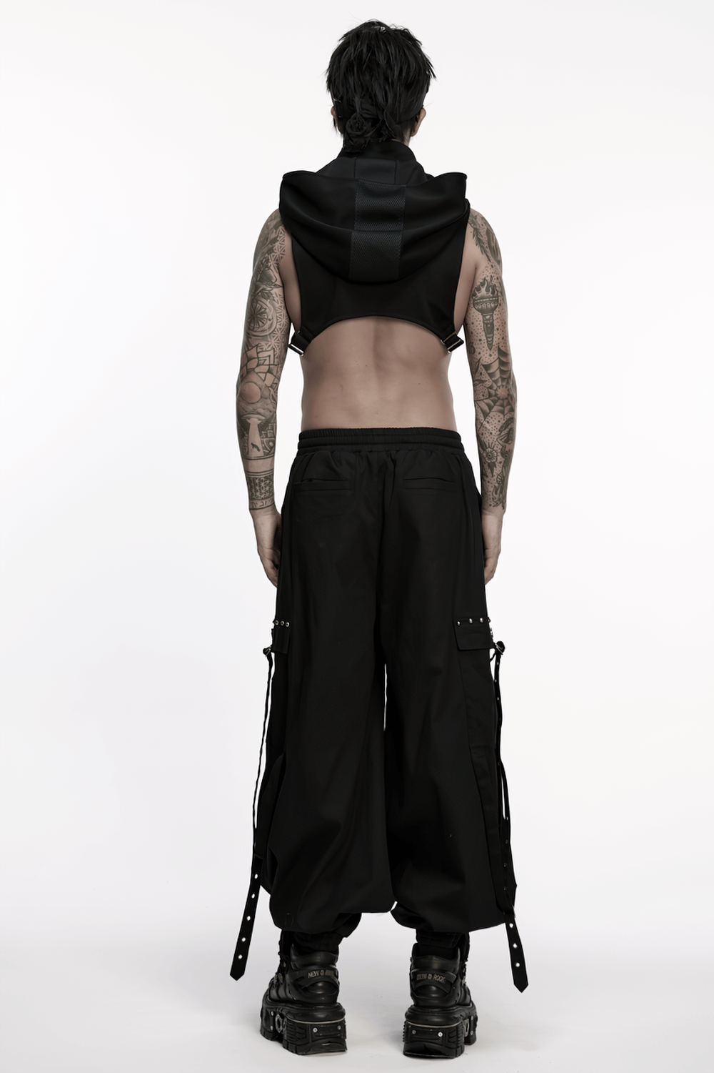 Stylish Men's Cyberpunk Loose Cargo Pants with Straps worn by model showcasing back view and details.