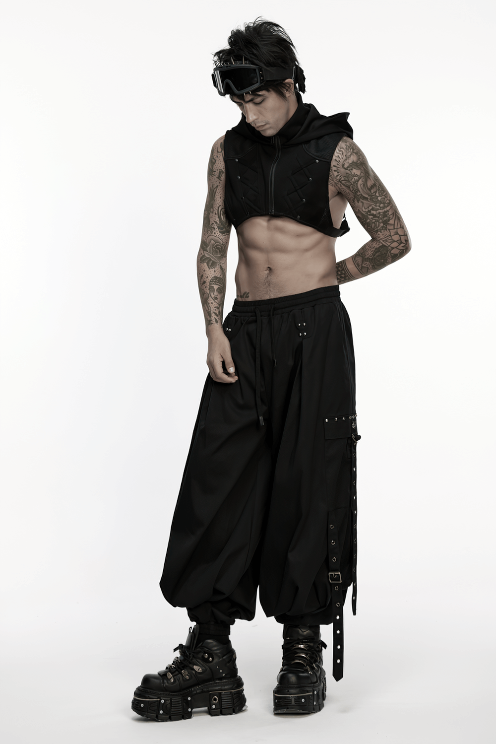 Stylish Men's Cyberpunk Loose Cargo Pants with Straps worn by a model showing edgy streetwear style.