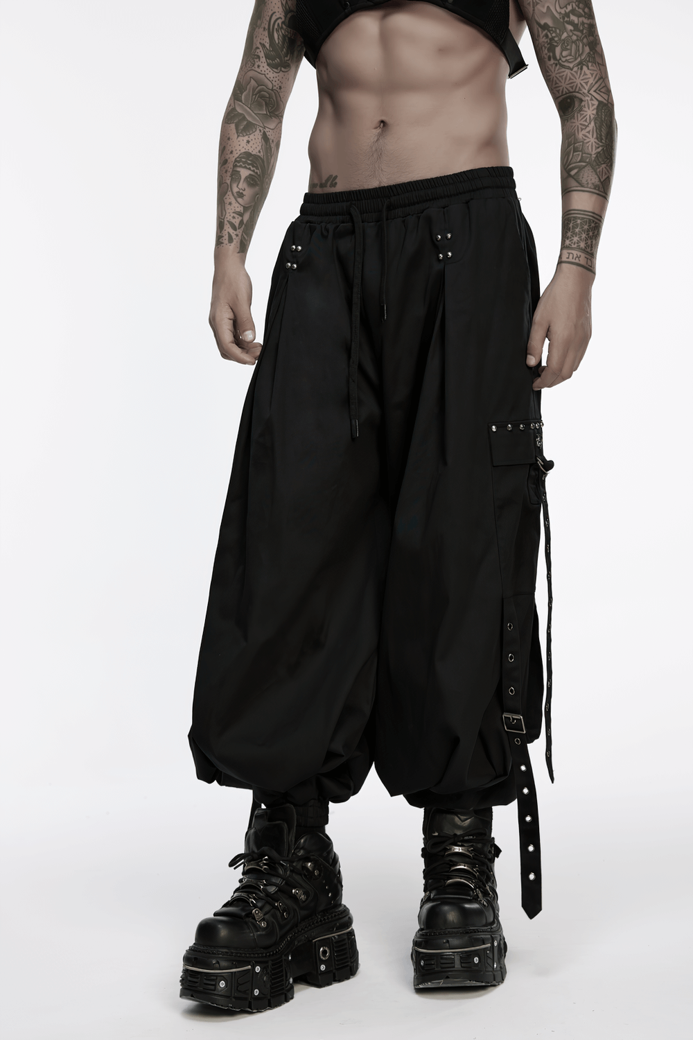 Stylish Men's Cyberpunk Loose Cargo Pants with Straps in black featuring adjustable straps and cuffed design.