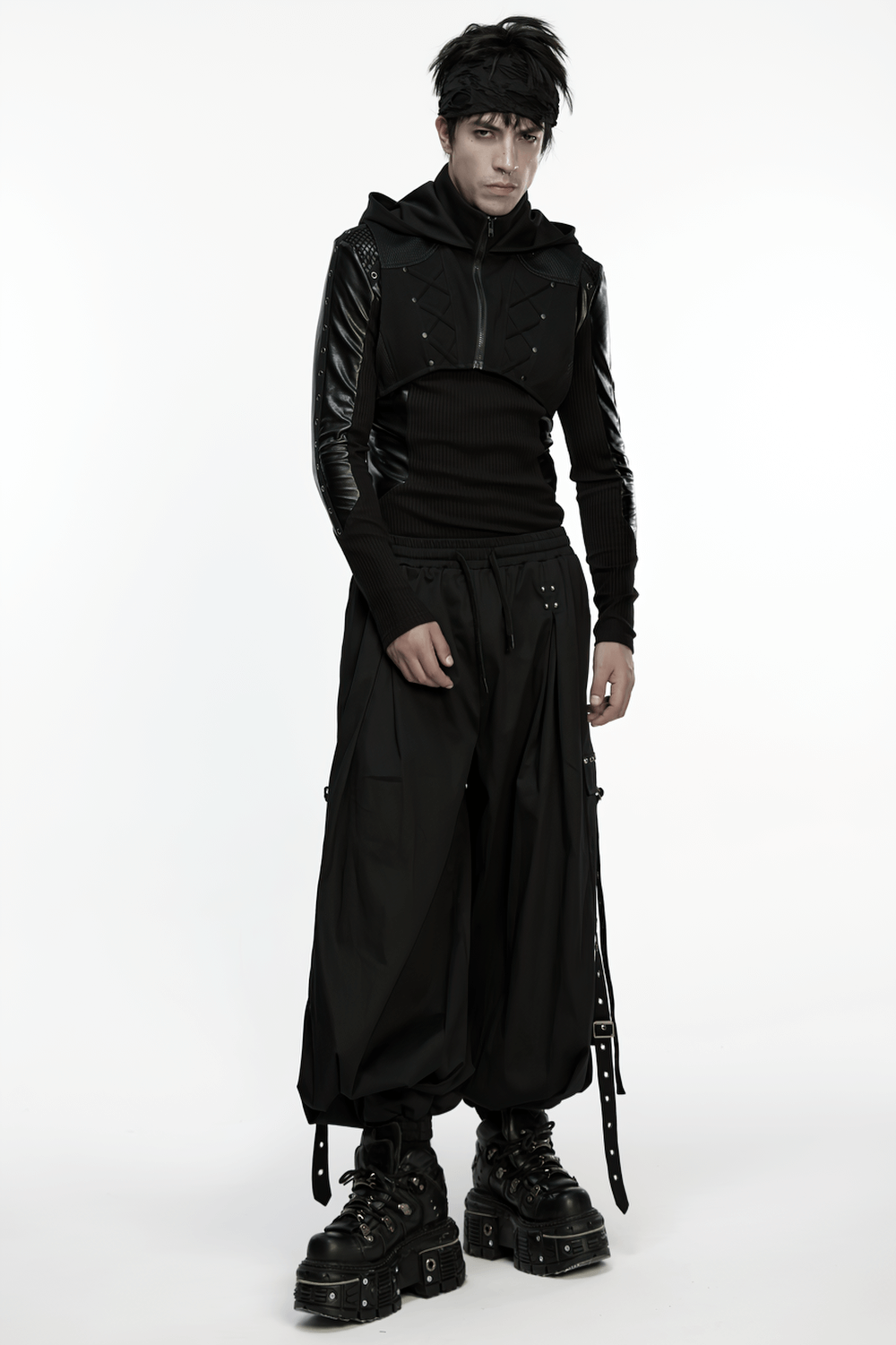 Stylish Men's Cyberpunk Loose Cargo Pants with Straps worn by a model showcasing streetwear style in a studio backdrop.