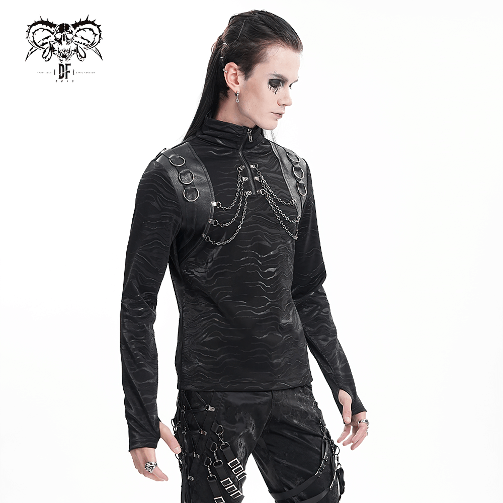 Stylish men's gothic black top with chains and high collar, featuring faux leather accents and a textured pattern.