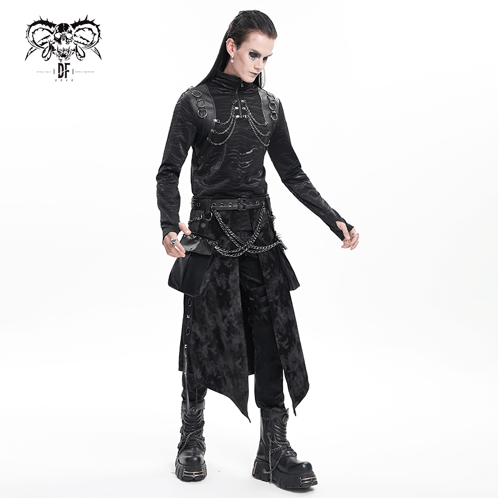 Stylish men's high-collar black gothic top with chain decor and edgy design. Perfect for elevating gothic fashion.