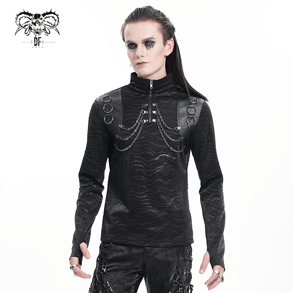 Stylish men's gothic high-collar black top with chain decor and sleek design, exuding an edgy vibe.