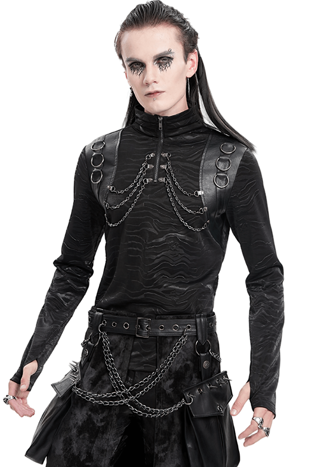 Stylish men's gothic black top with chains and high collar, exuding edgy flair and unique design.