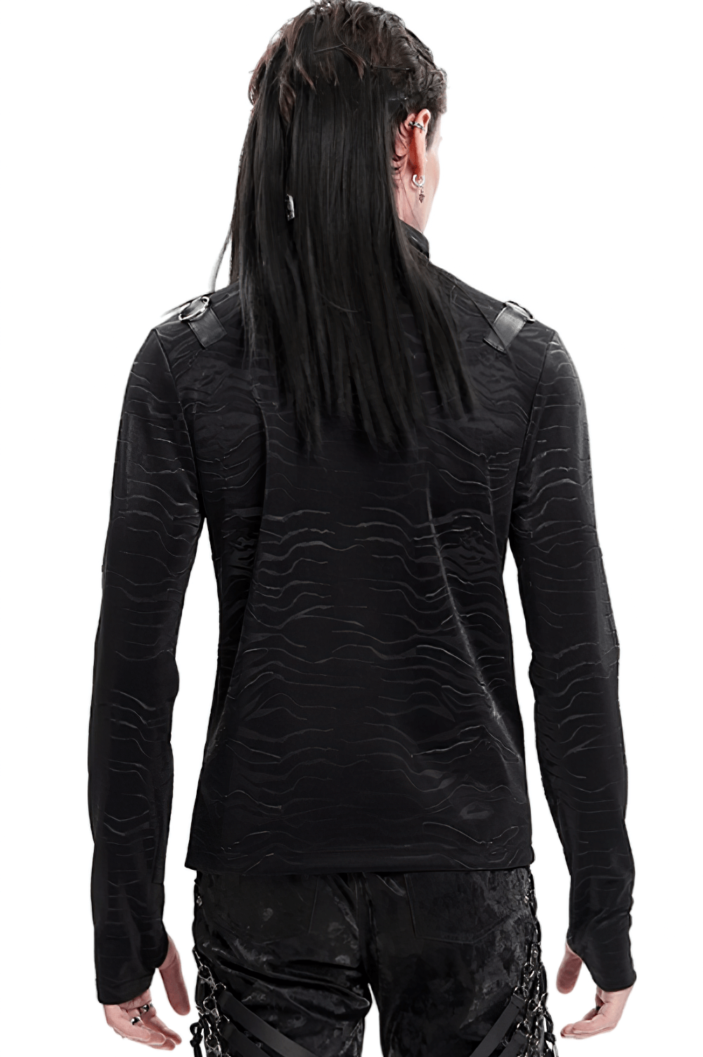 Back view of a stylish men's high collar black gothic top with chains and faux leather accents.