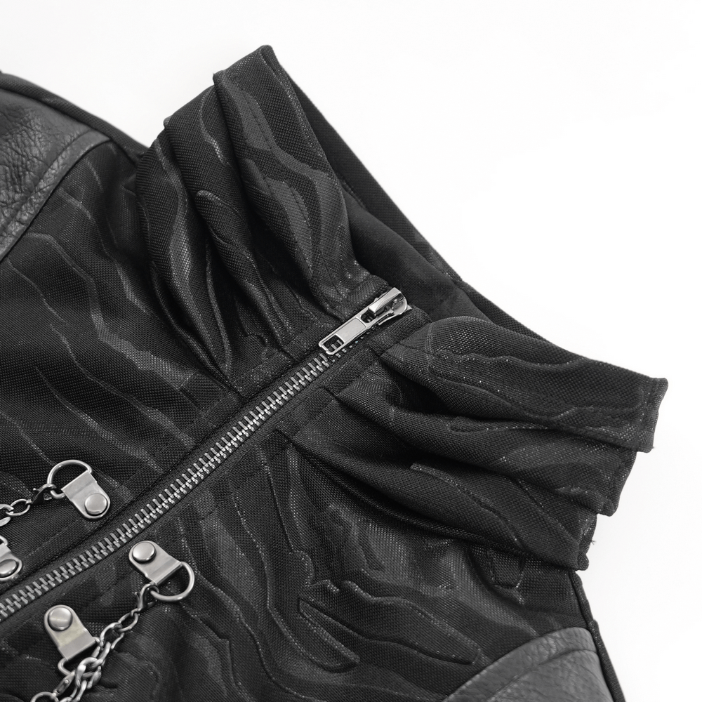 Close-up of high-collar black gothic top featuring partial zip closure and chain decor details.