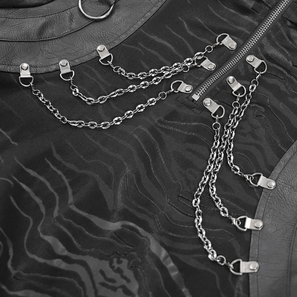 Close-up of stylish chain detail on high collar black gothic top with textured pattern and zip closure.