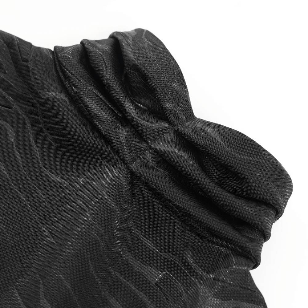 Close-up of stylish high collar black gothic top with textured pattern and pleated design. Perfect for edgy fashion lovers.