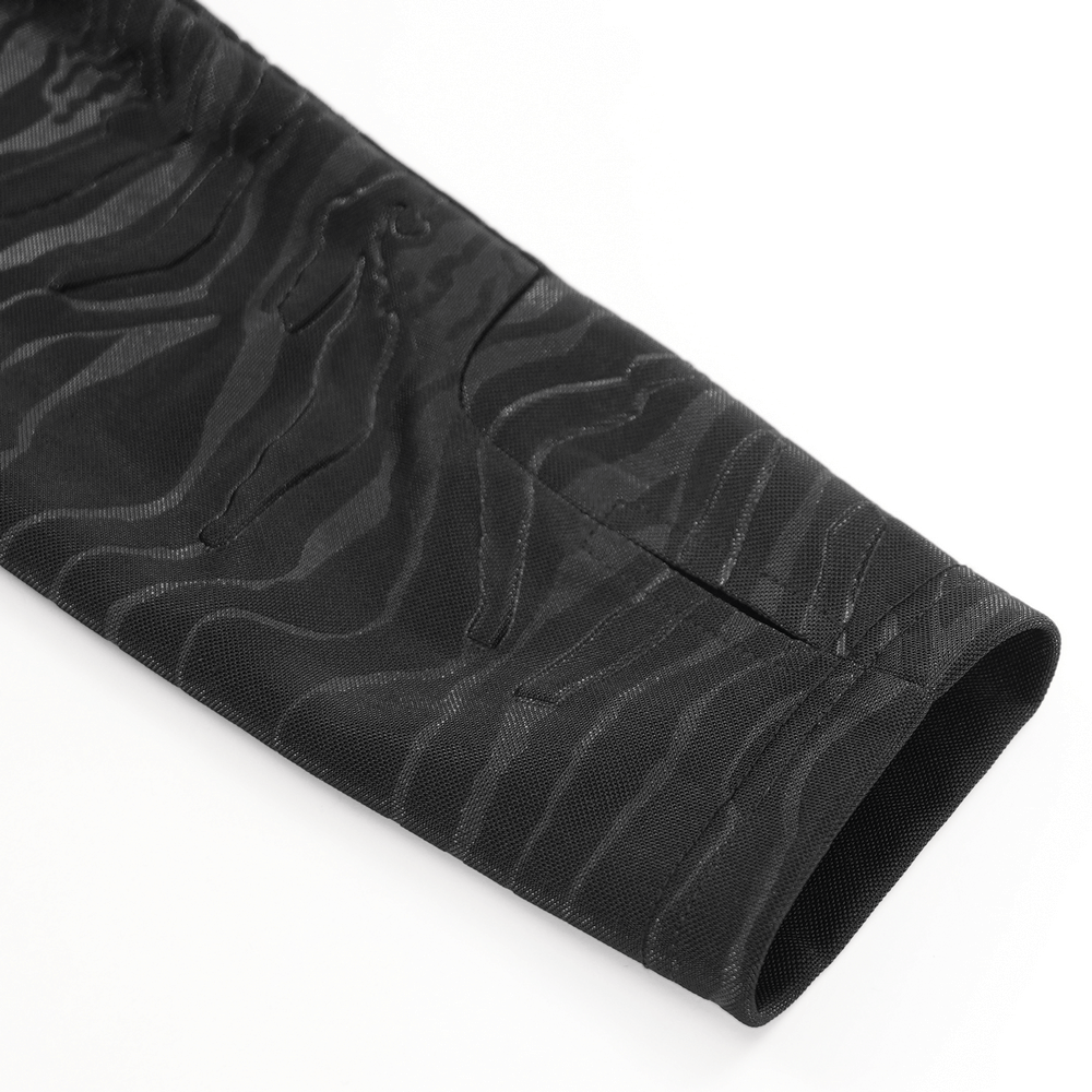 Close-up of a stylish men's high collar black top sleeve with textured black fabric design.