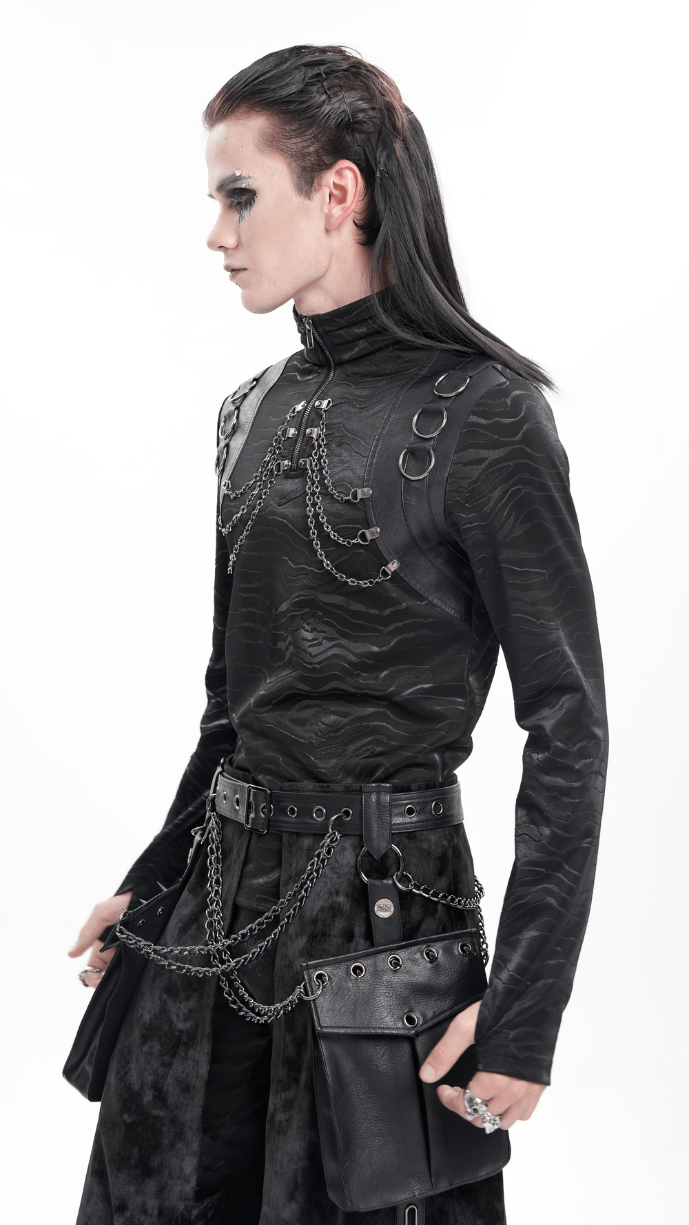 Stylish men's gothic high-collar black top with chain decor and faux leather accents, showcasing a unique edgy vibe.