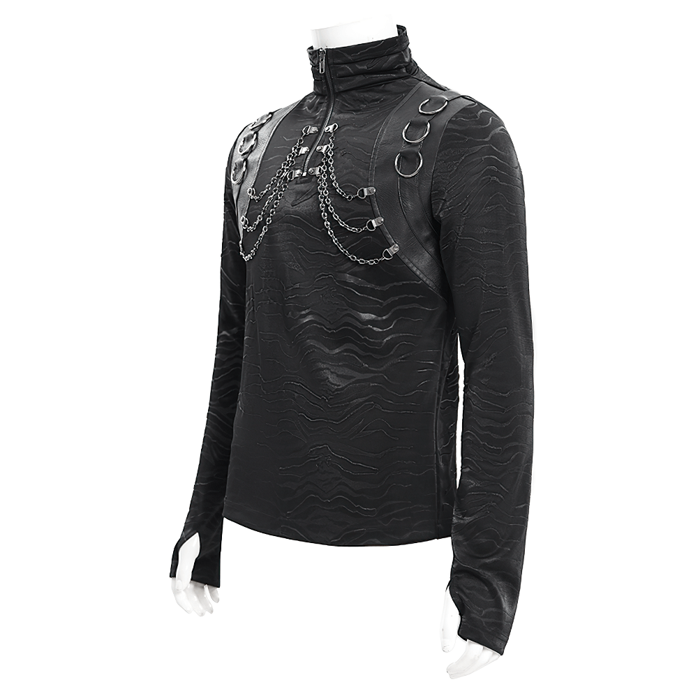 Stylish men's black gothic top with chain decor and high collar, featuring faux leather accents and sleek design.