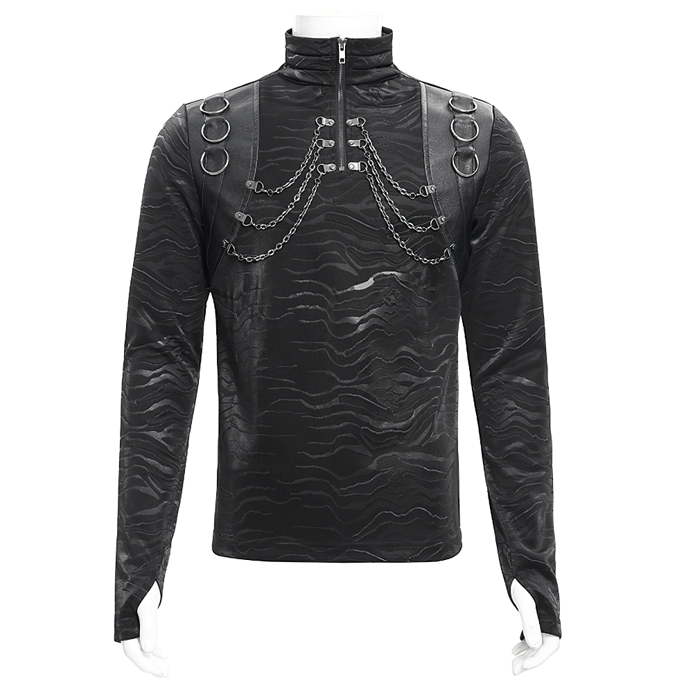 Stylish men's gothic black top with high collar, chains, and faux leather accents for an edgy look.