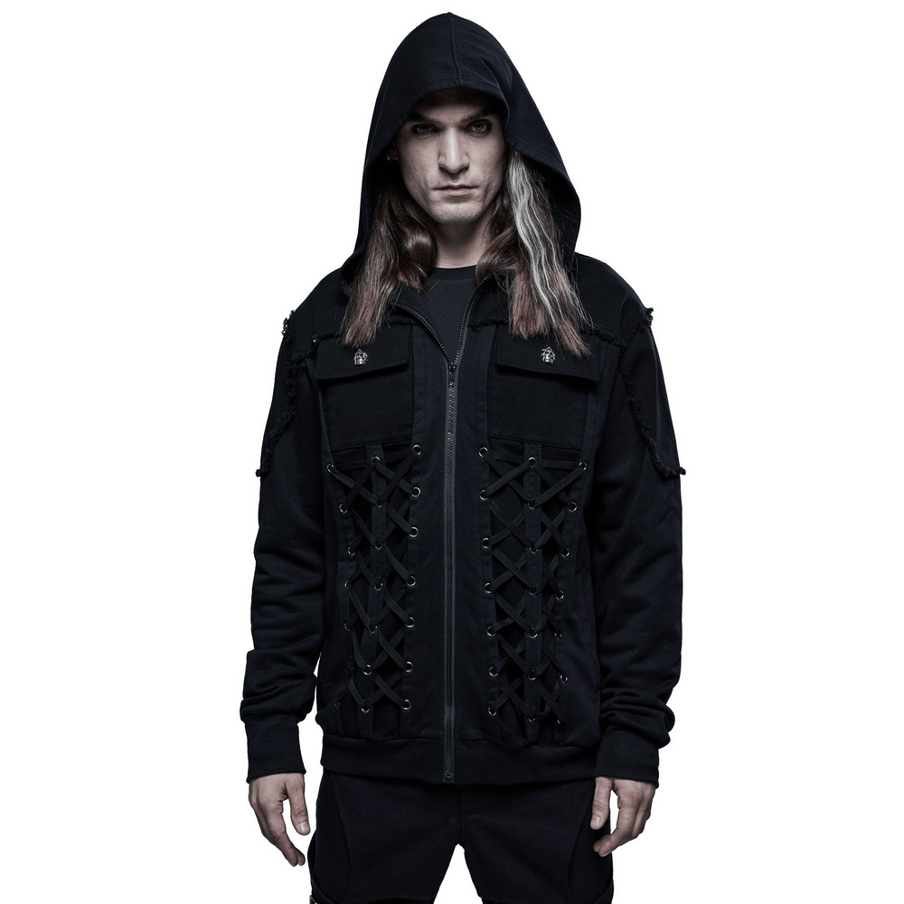 Stylish Men's Gothic Jacket with Lace-Up Front And Hood - HARD'N'HEAVY