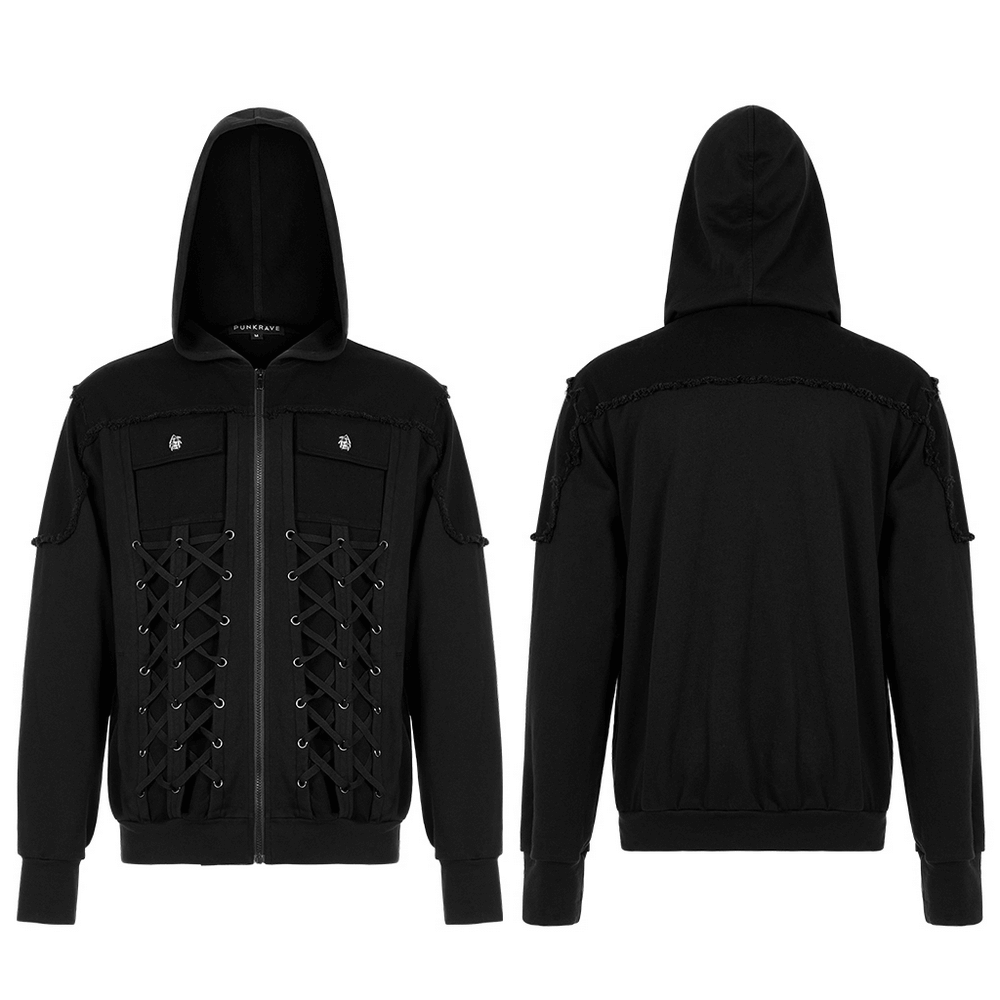 Stylish Men's Gothic Jacket with Lace-Up Front And Hood - HARD'N'HEAVY