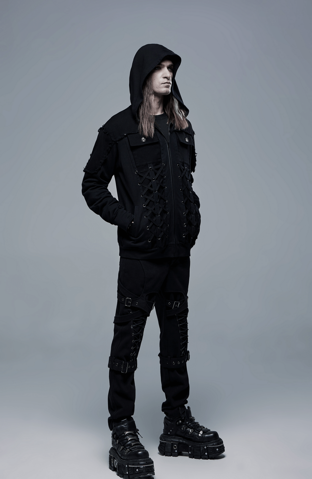 Stylish Men's Gothic Jacket with Lace-Up Front And Hood - HARD'N'HEAVY