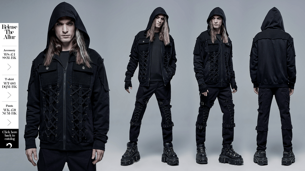 Stylish Men's Gothic Jacket with Lace-Up Front And Hood - HARD'N'HEAVY
