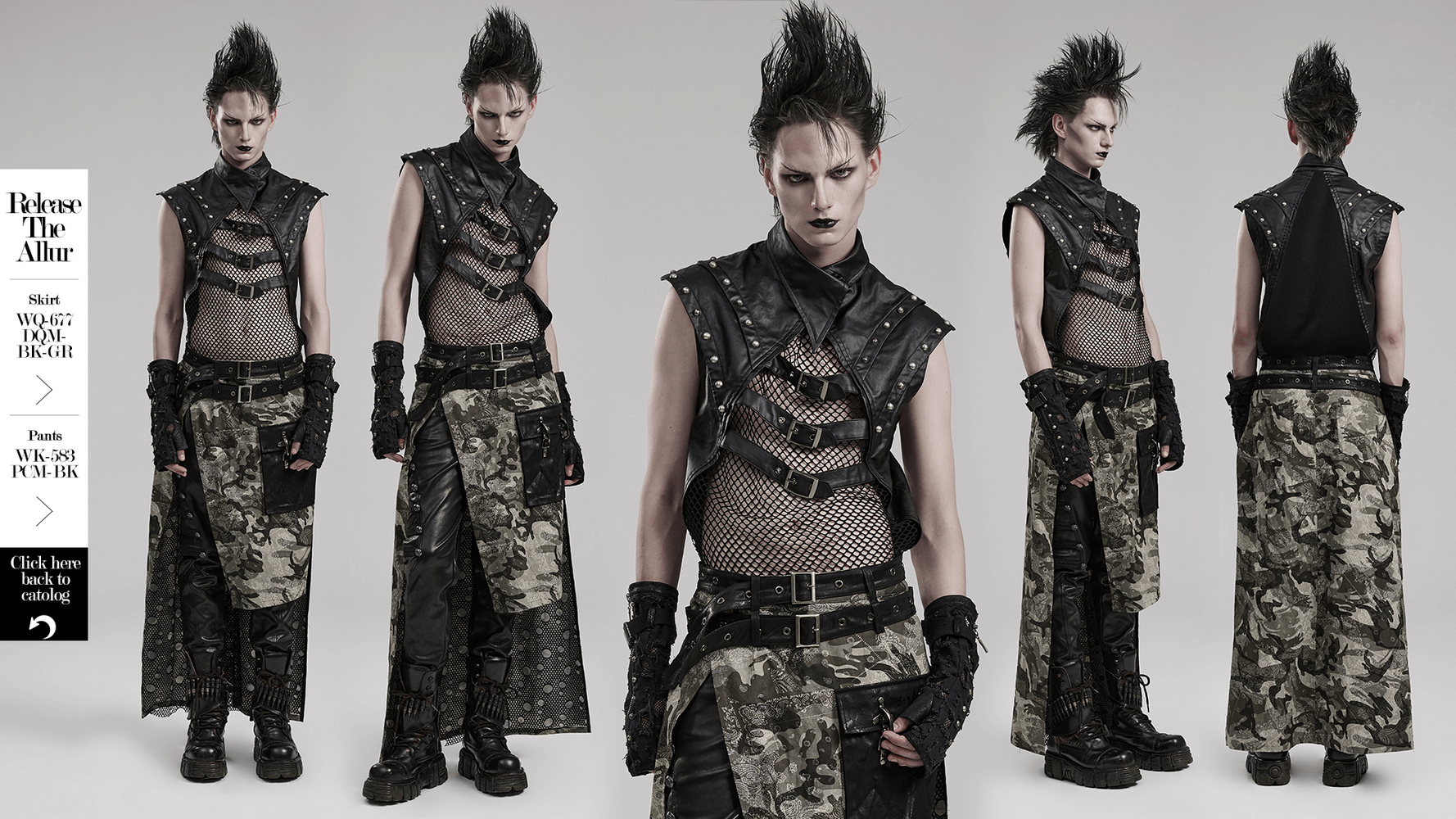 Edgy men's gothic top with rivets, buckles, and mesh fabric for a bold punk style statement.