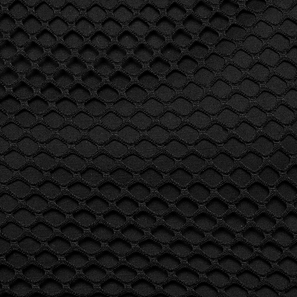 Close-up of stylish black mesh fabric with a textured diamond pattern, ideal for edgy gothic tops.