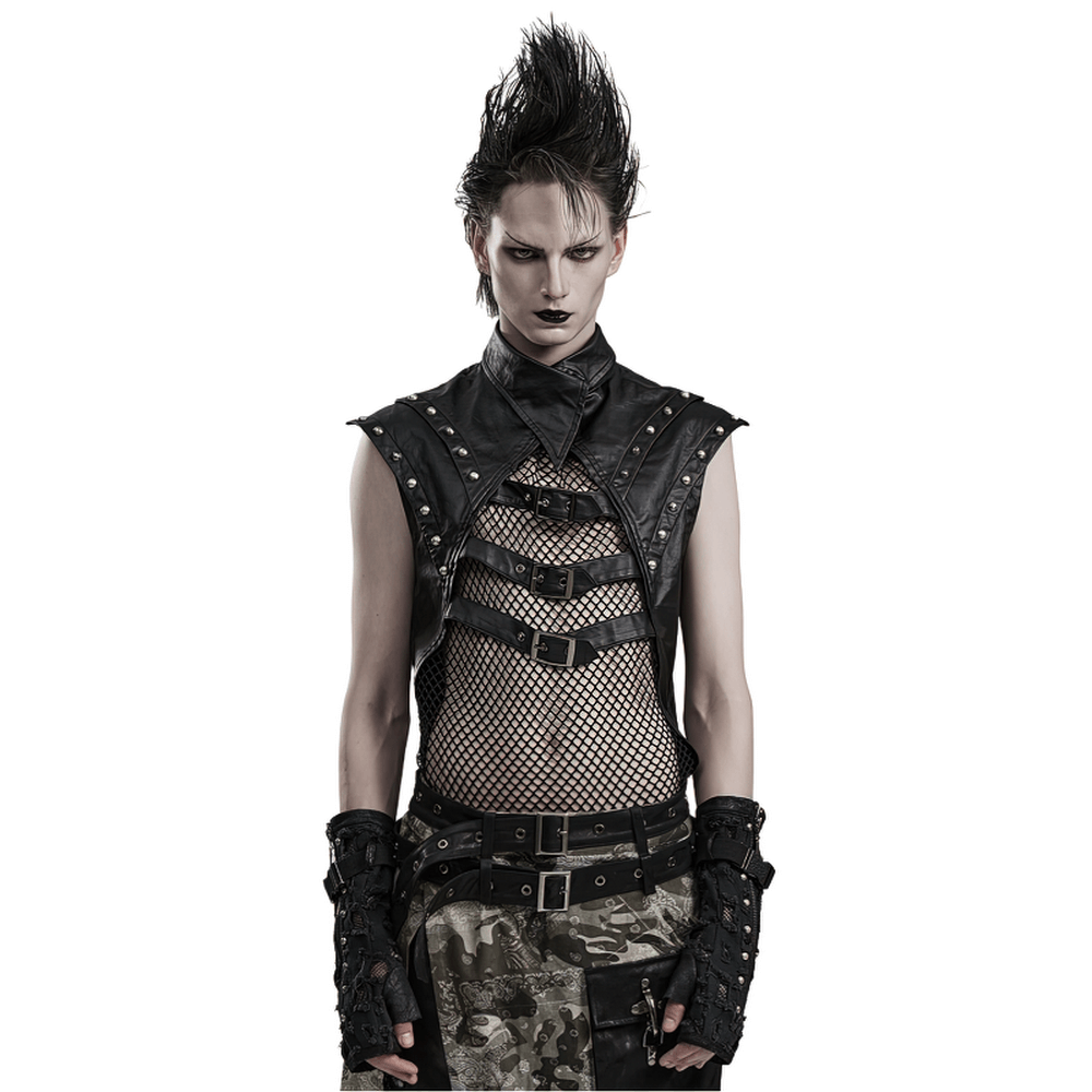 Stylish Gothic mesh top with rivets and buckles on an edgy model, showcasing punk fashion and bold urban style.