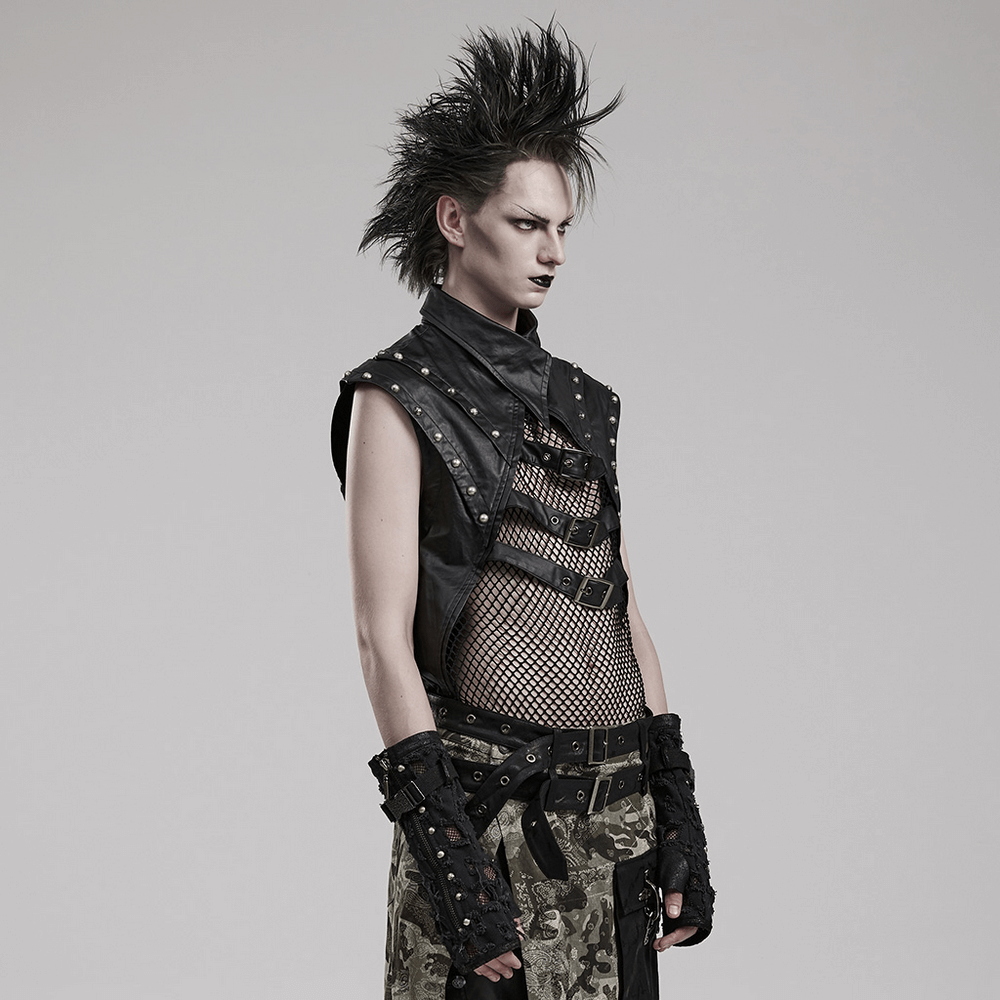 Stylish Men's Gothic Mesh Top with rivets and buckles, showcasing an edgy punk look for bold fashion enthusiasts.