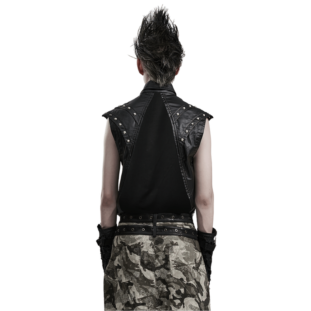Back view of a stylish men's gothic mesh top with rivets and punk-inspired accessories.