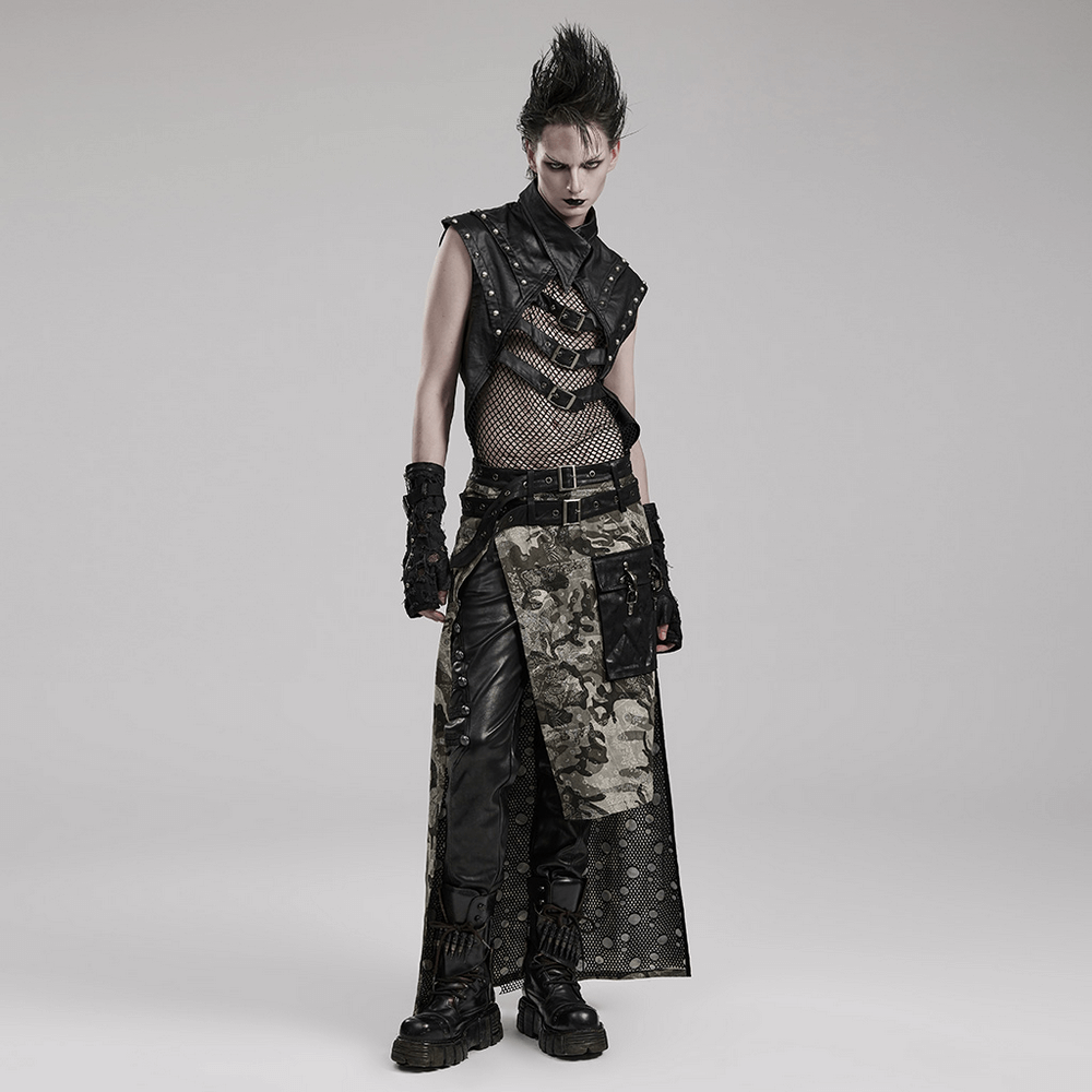 Stylish men's gothic mesh top with rivets, showcasing punk fashion, unique collar, and edgy urban design.