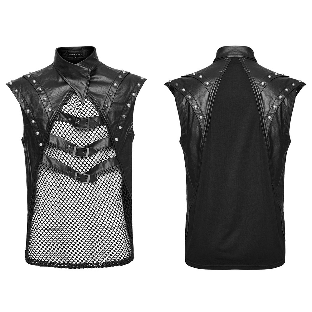 Stylish men's gothic mesh top with rivets and buckles, showcasing an edgy punk perspective and unique design.