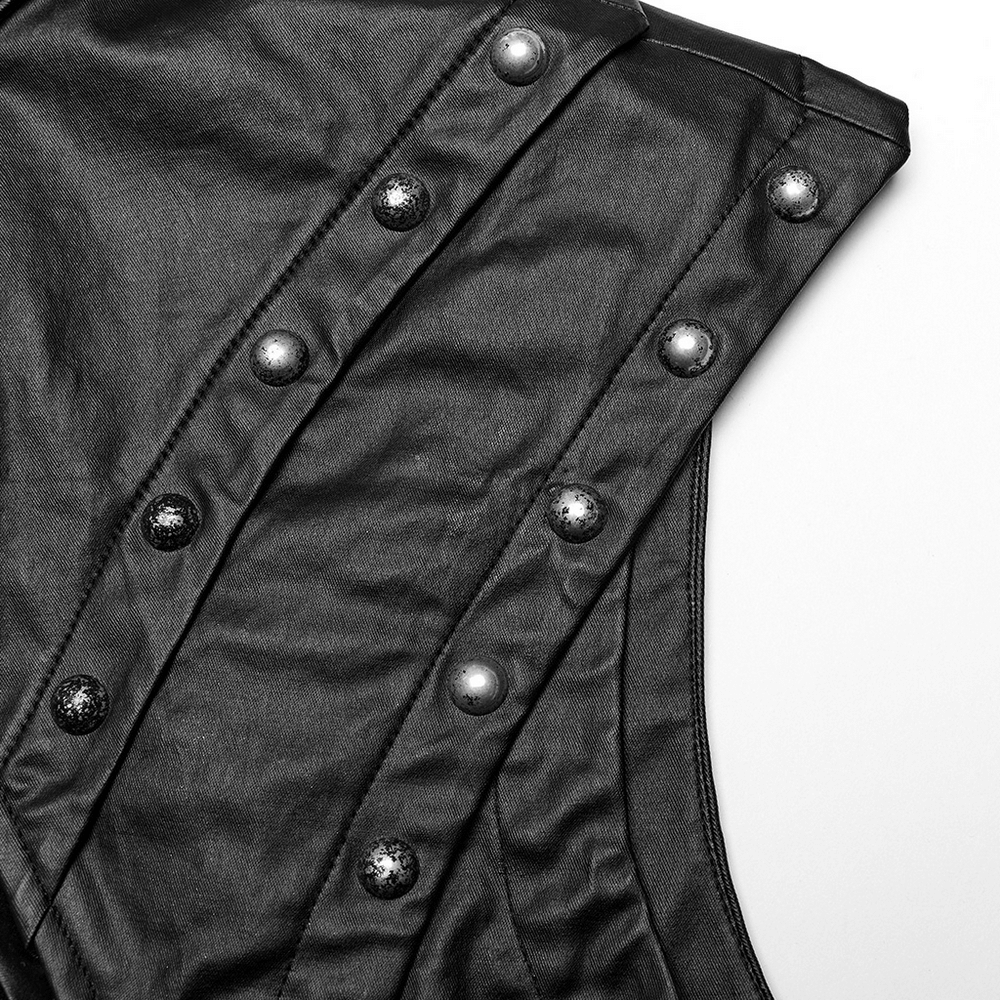 Close-up of a black gothic top featuring rivets and a unique collar design for an edgy punk style.
