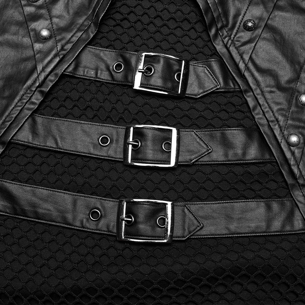 Close-up of black mesh top featuring faux leather straps and buckles, showcasing punk gothic style.